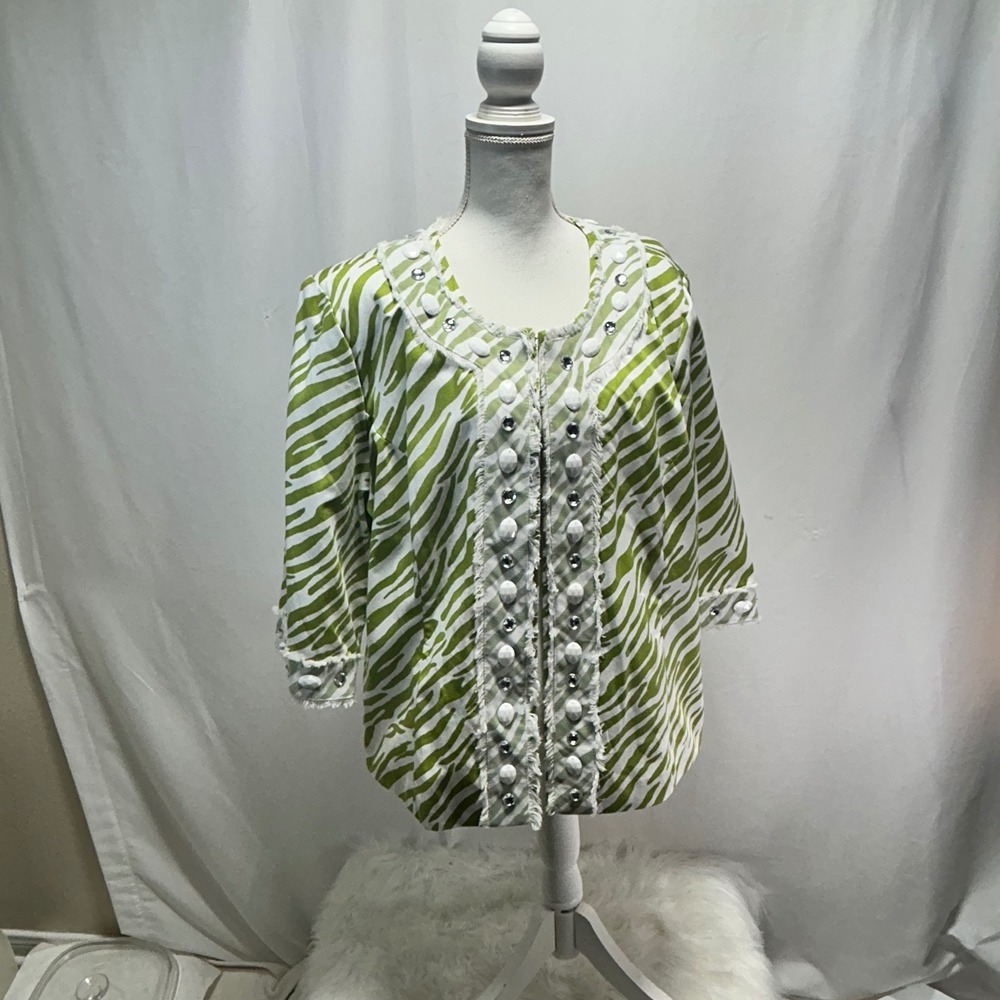 Silk Land Collection Green White Zebra Print Beaded Fringe Jacket Women's 2X NWT